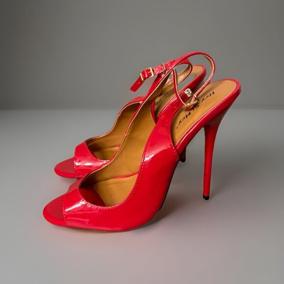 Hey Se Mey Red Patent Leather Stiletto 6 Inch Sling Back Heel Pump Shoes - Picture 1 of 6